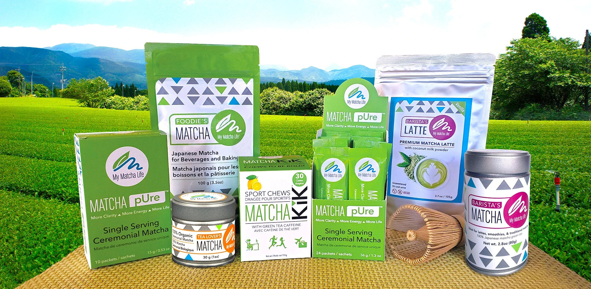 full line of my matcha life matcha tea products tins pouches and whisk